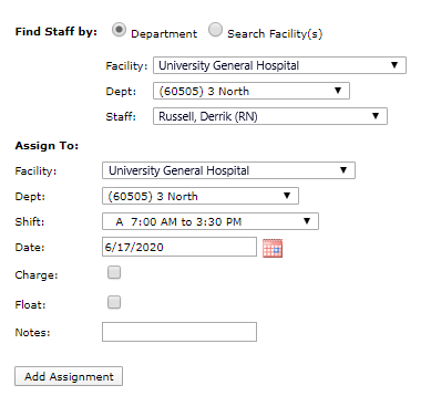 Add Assignment Screen Displaying Search by Department and Assignment Details